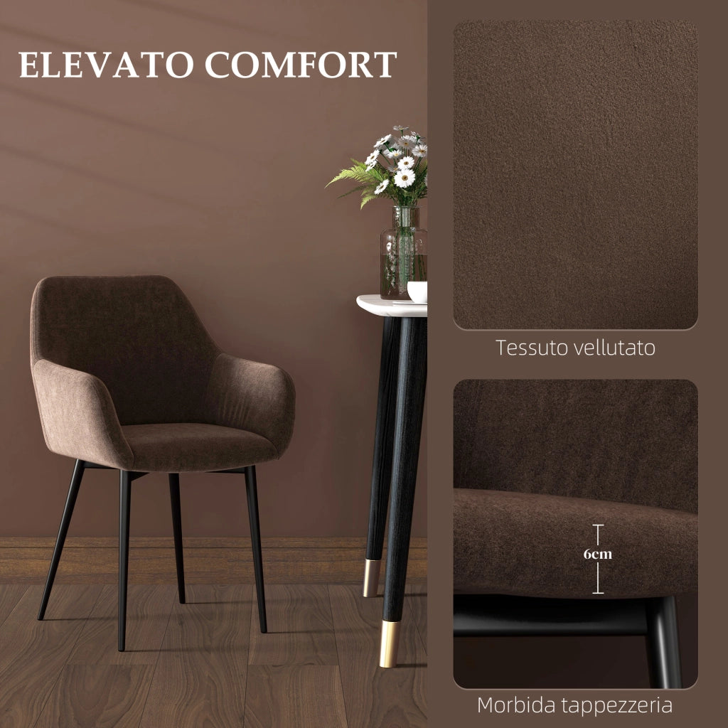 Set 2 Sedie da Pranzo Imbottite con Braccioli in Tessuto Effetto Velluto ¨C Zephmum ¨C Marrone 54x57x80 cm