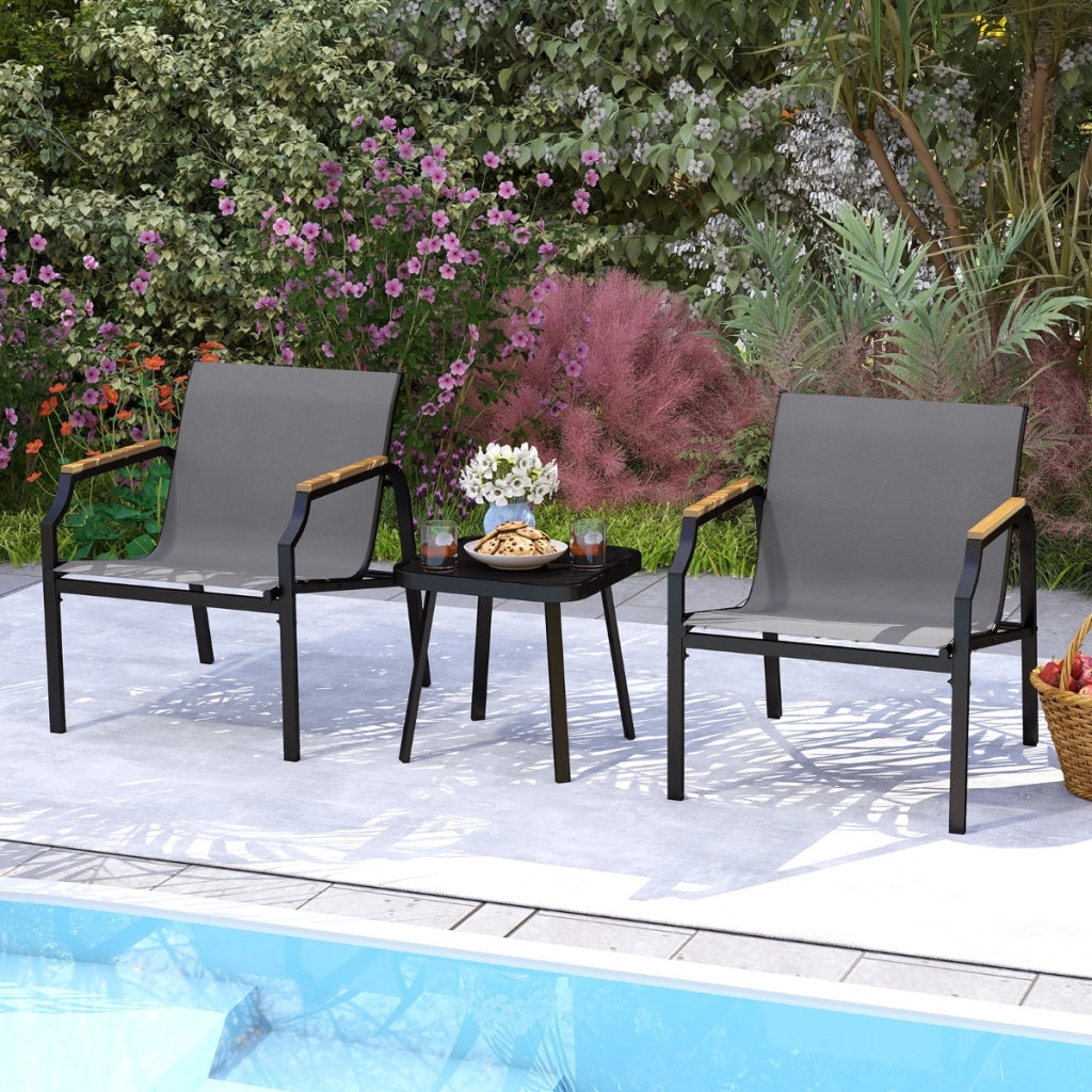 Set da giardino a 3 pezzi poltrona e tavolo, Sedile in tessuto traspirante e braccioli in legno-plastica Grigio