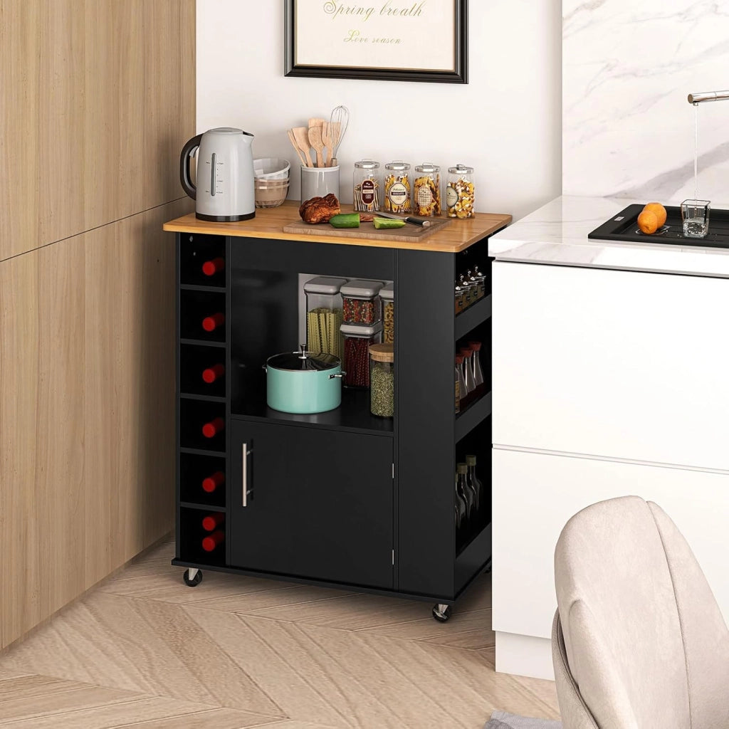 Carrello da Cucina con Ruote, Isola da Cucina con Scomparti Portabottiglie a 6 Scomparti, Portaspezie e Portasciugamani, 76x44x89 cm (Nero)