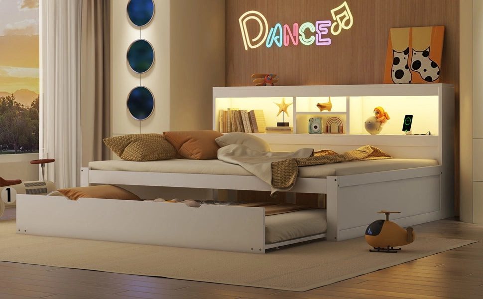 DESMIU Litto a banquette 140 × 200 cm con luce LED, vano laterale, letto estraibile, USB, senza materasso, bianco