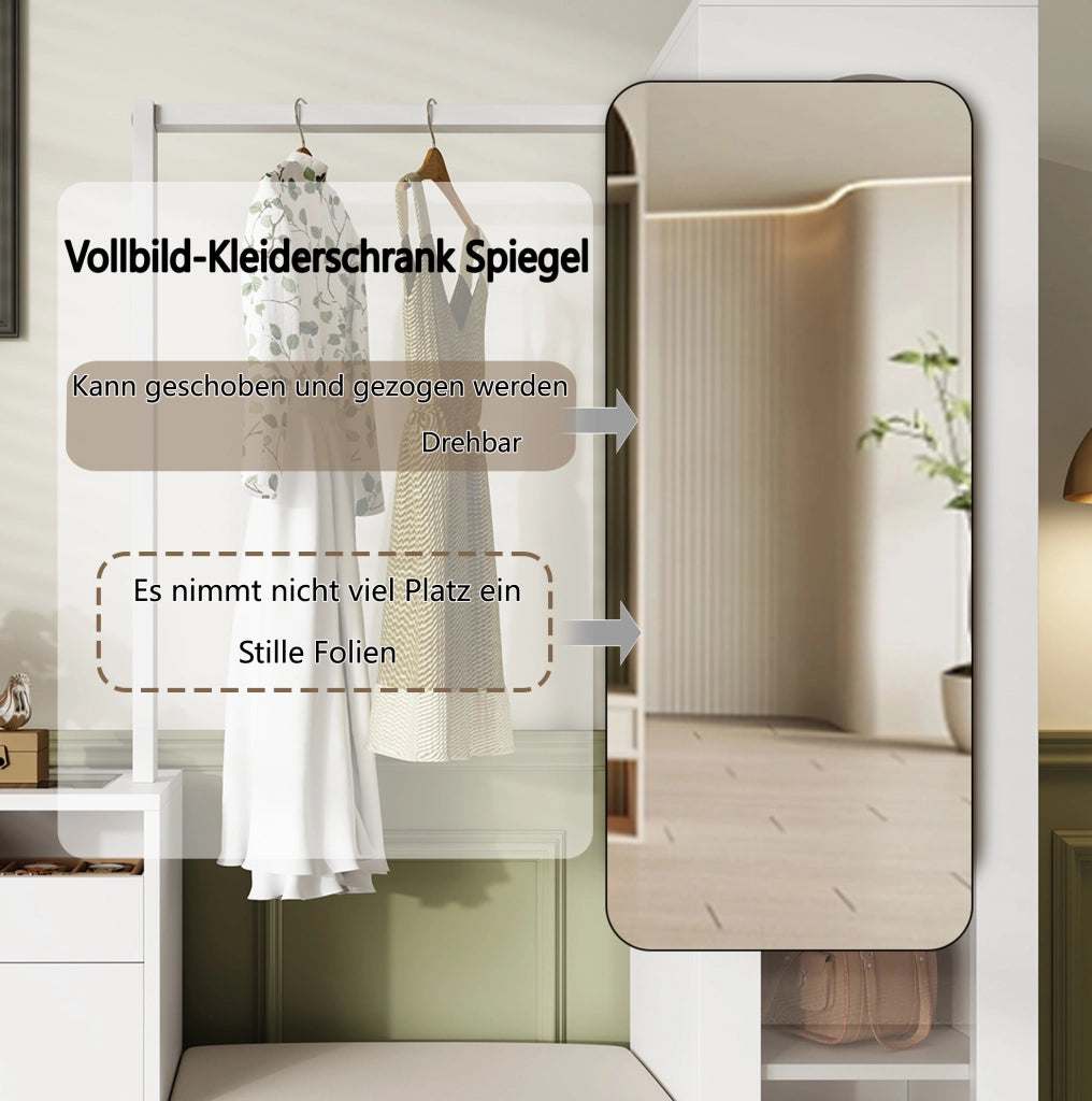 Mobile ingresso multifunzione con LED; specchio girevole e scarpiera salvaspazio 163x50x161 cm; bianco in truciolare