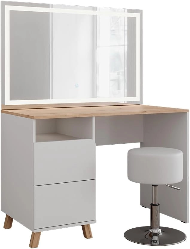 Tavolo da toeletta Karen, Bianco/Artisan, 110 cm con sgabello e specchio LED, Materiali robusti per un utilizzo duraturo