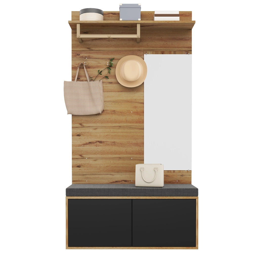 Mobile ingresso compatto con specchio; seduta imbottita e scarpiera; 110 x 38 x 190 cm; nero effetto legno
