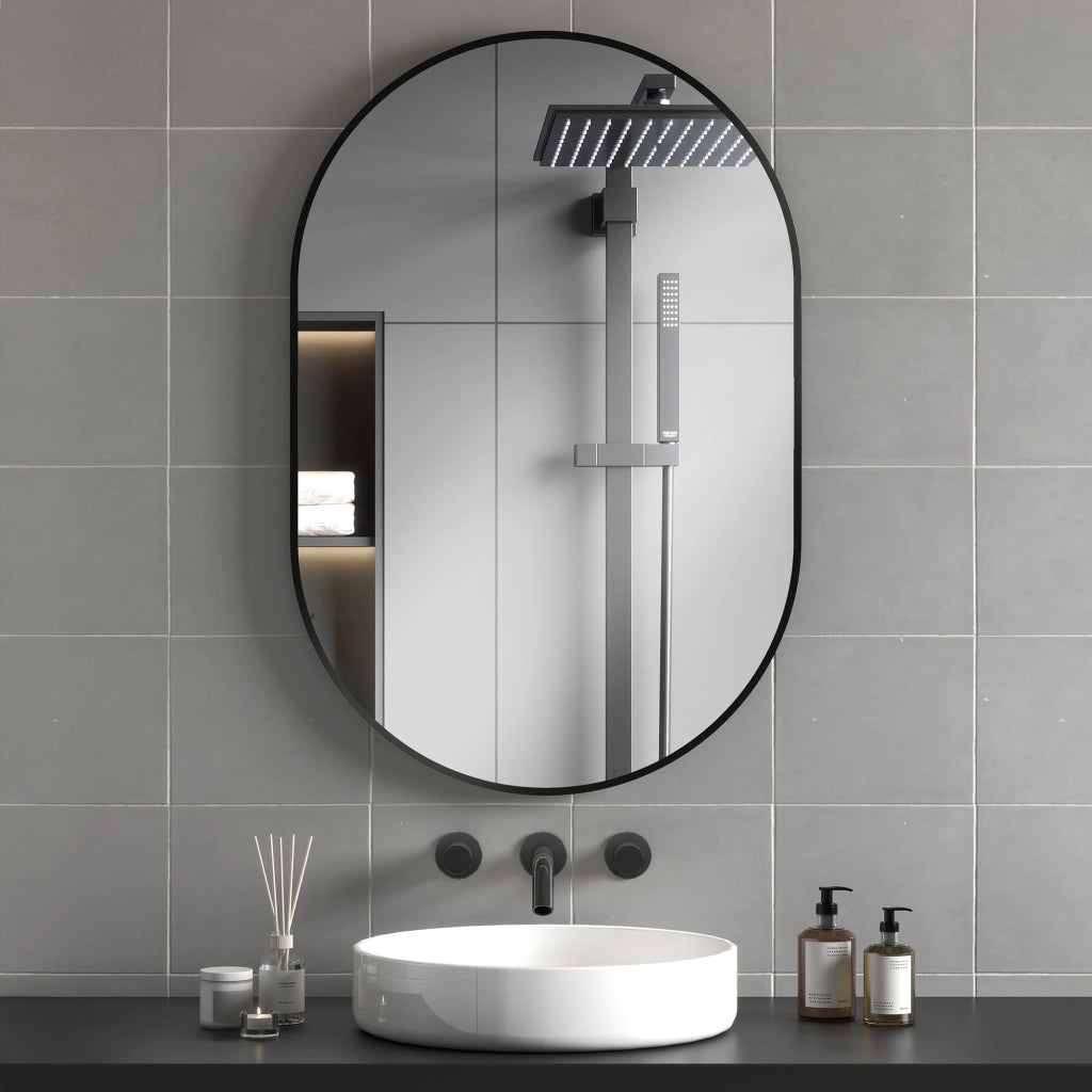 Specchio Bagno Ovale da Parete con Cornice in Alluminio. Verticale o Orizzontale. 60x90cm. Nero