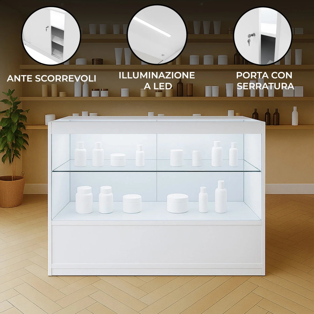 Bancone LED Bianco C1200 con 2 Ripiani a Vista e 1 Chiuso, Vetrina