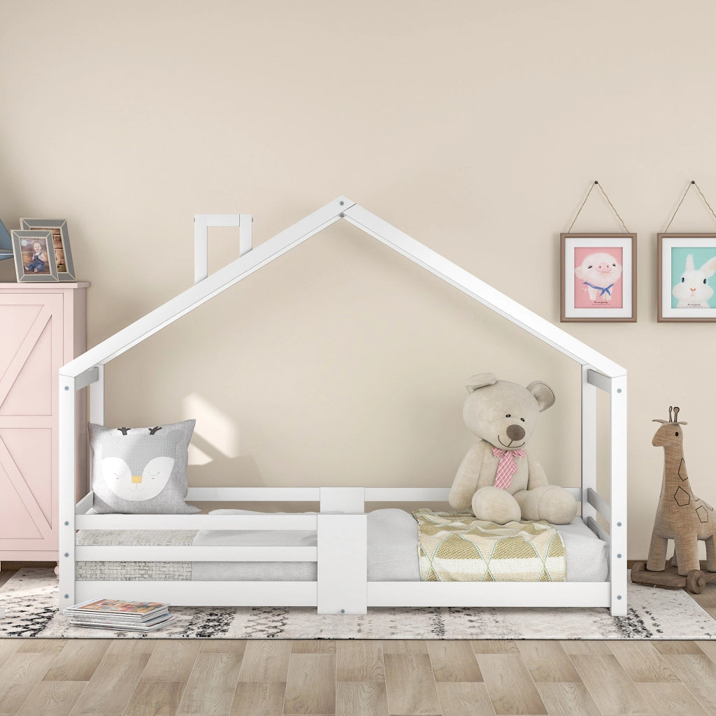 Letto a Casetta Letto Singolo con Sponde; 90×200 cm; Letto per Bambini in Legno Massello; senza Materasso; Bianco