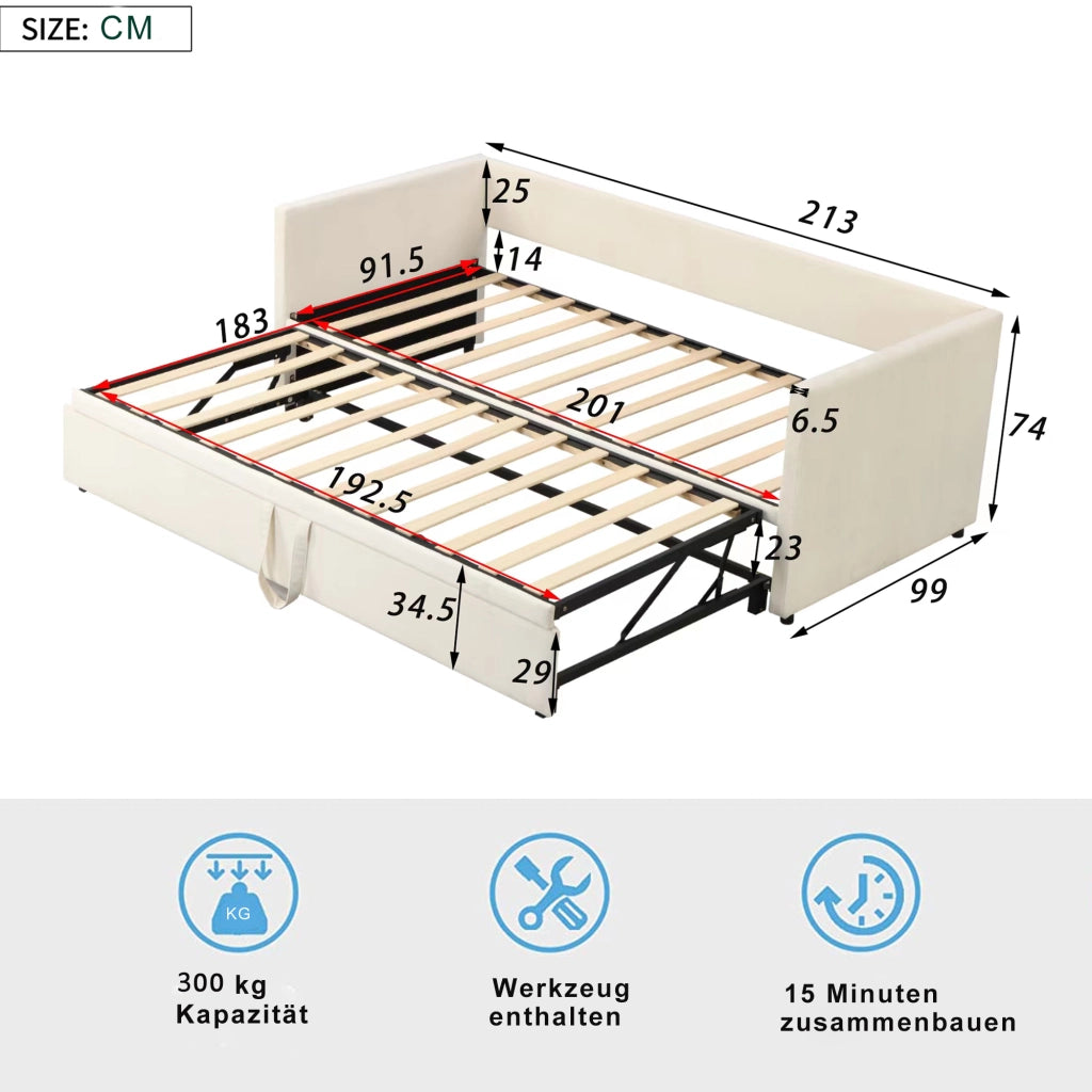 Letto divano estraibile 90 × 200 cm e 180 × 200 cm con telaio supplementare, senza materasso, in velluto beige