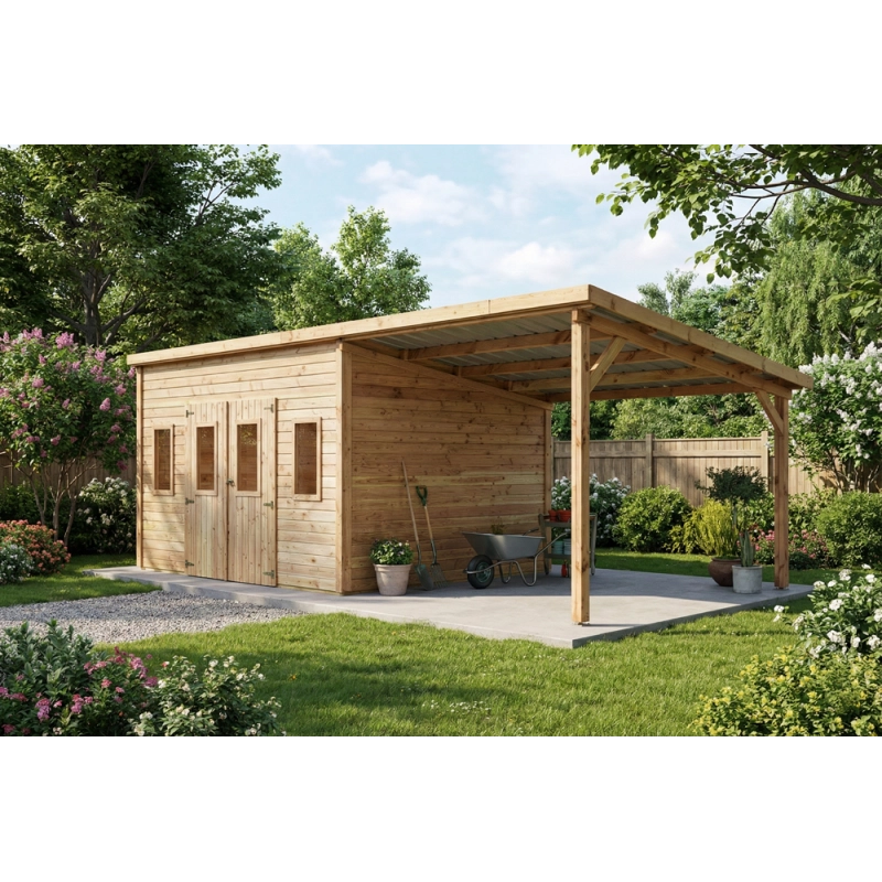 Casetta da giardino in legno Douglas 380x280 cm – Spessore pareti 28 mm – Con legnaia e tetto in acciaio – DAN4030.02B Foresta