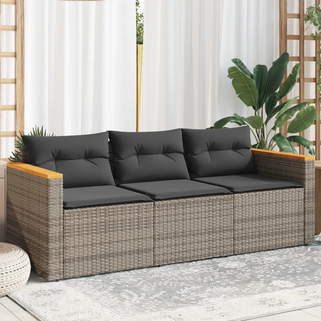 Divano da Giardino con Cuscini 3 Posti Grigio in Polyrattan 365830