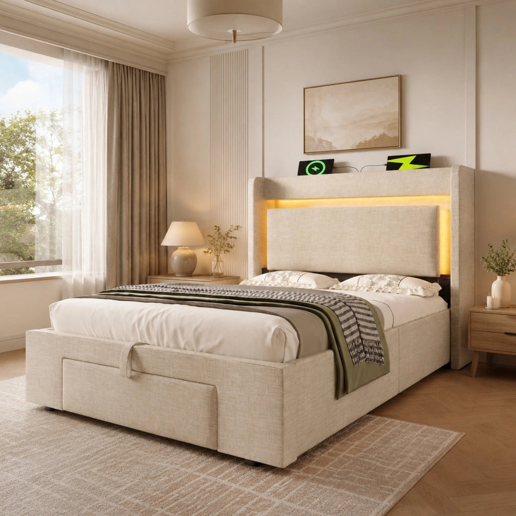 Letto imbottito 90x200 cm beige con LED, USB e vano contenitore