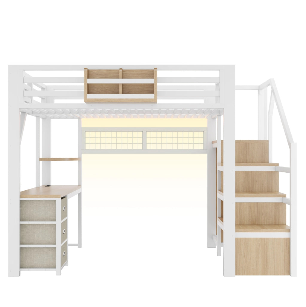 Letto a soppalco 140x200 cm con scrivania, LED e armadio