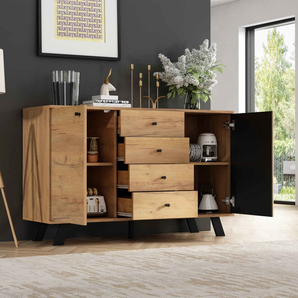 Credenza con 2 vani e 4 cassetti - per soggiorno - in MDF - 120×38×75 cm - nero e legno
