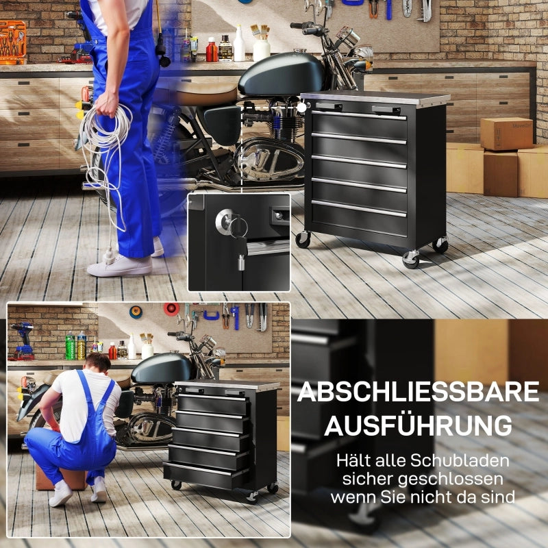 Mobile contenitore con 5 cassetti e piano in acciaio inox rinforzato con serratura centralizzata su ruote per officina e garage nero