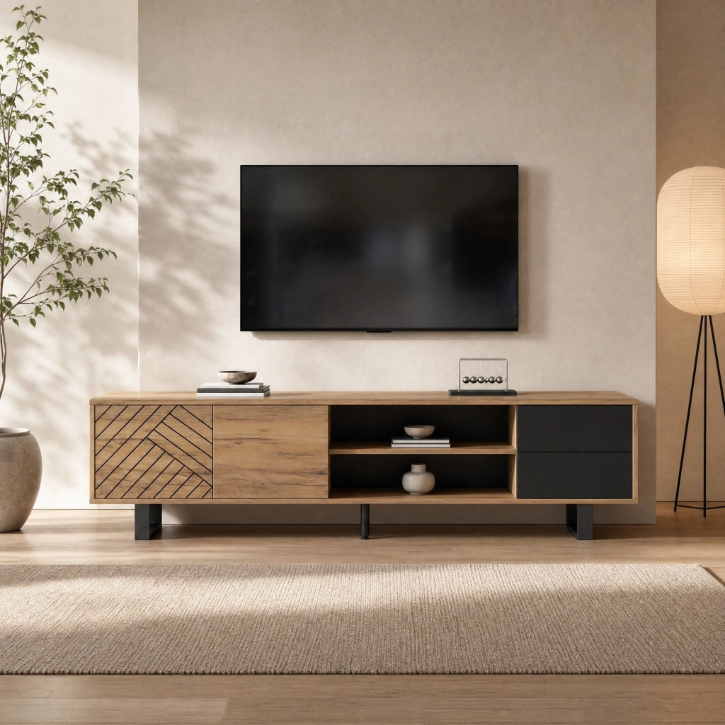 Mobile porta TV con 2 ante 2 cassetti e vani aperti per soggiorno in truciolare e metallo nero 180 × 40 × 50 cm