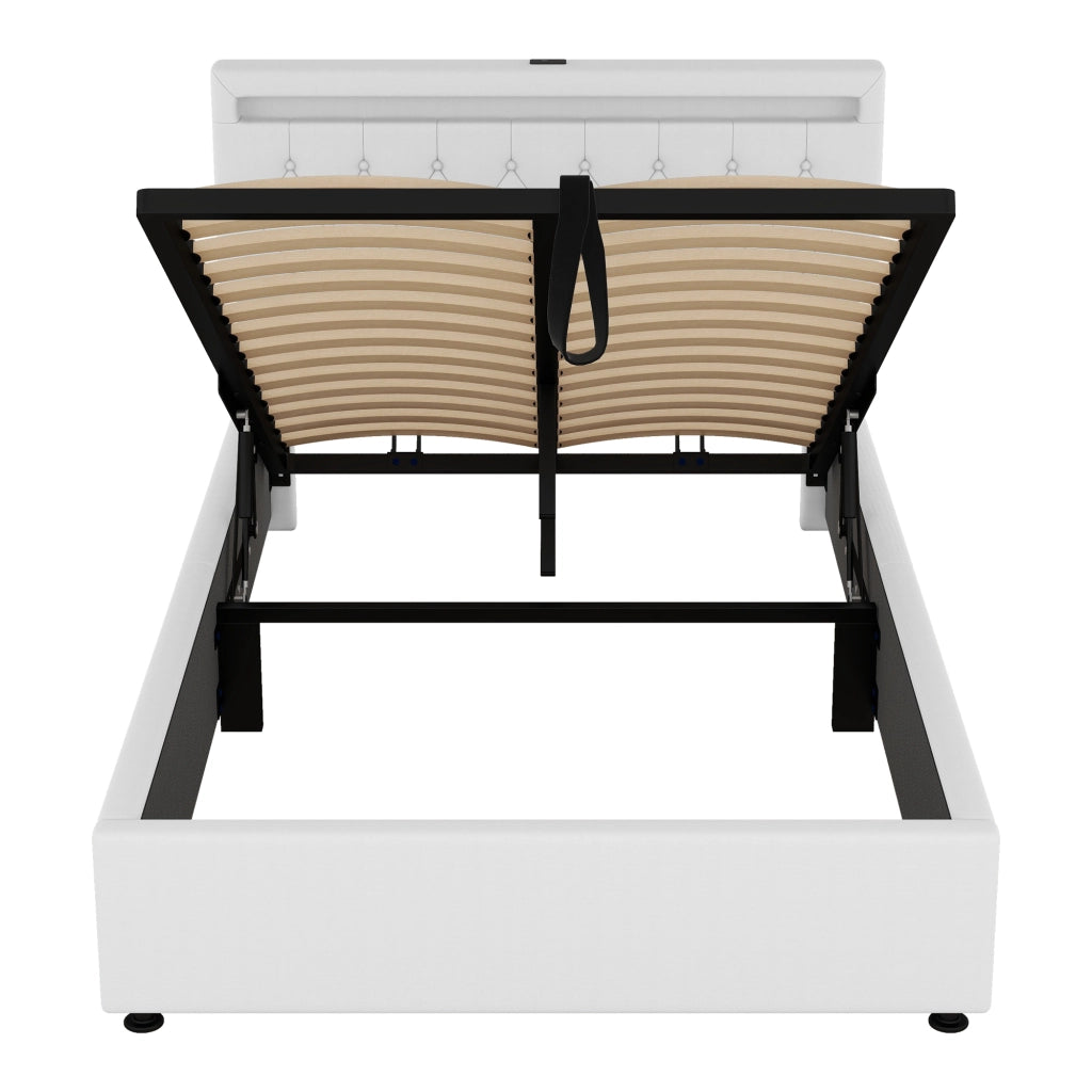DESMIU Letto contenitore 140 × 200 cm 2 posti con LED regolabile, USB e Type-C, senza materasso, in lino, bianco