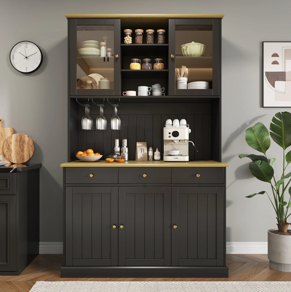 Credenza alta 120x40x191 cm con vetrine; portabicchieri e prese USB nera HOMVRA