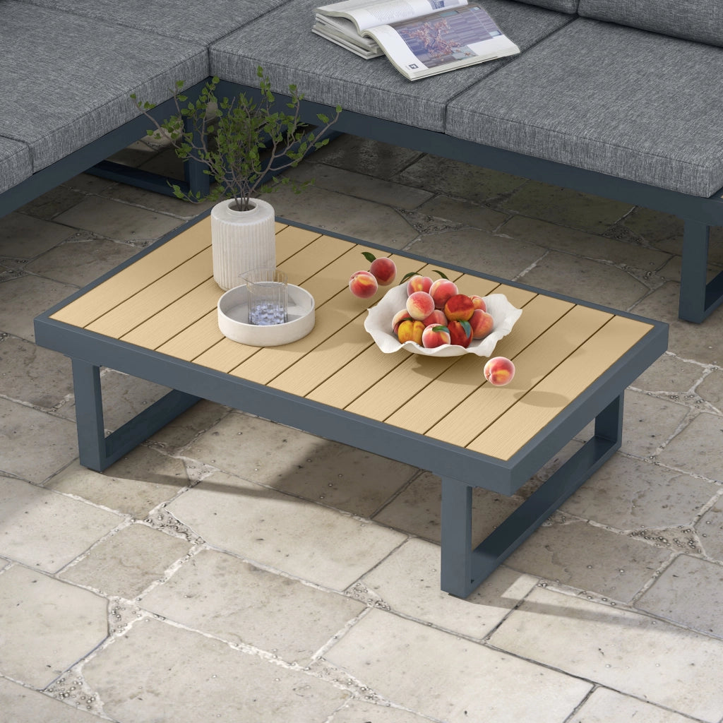 Set da Giardino 4 Pezzi in Alluminio con 2 Divanetti, Poltrona Angolare e Tavolino da Caff¨¨, Grigio e Teak