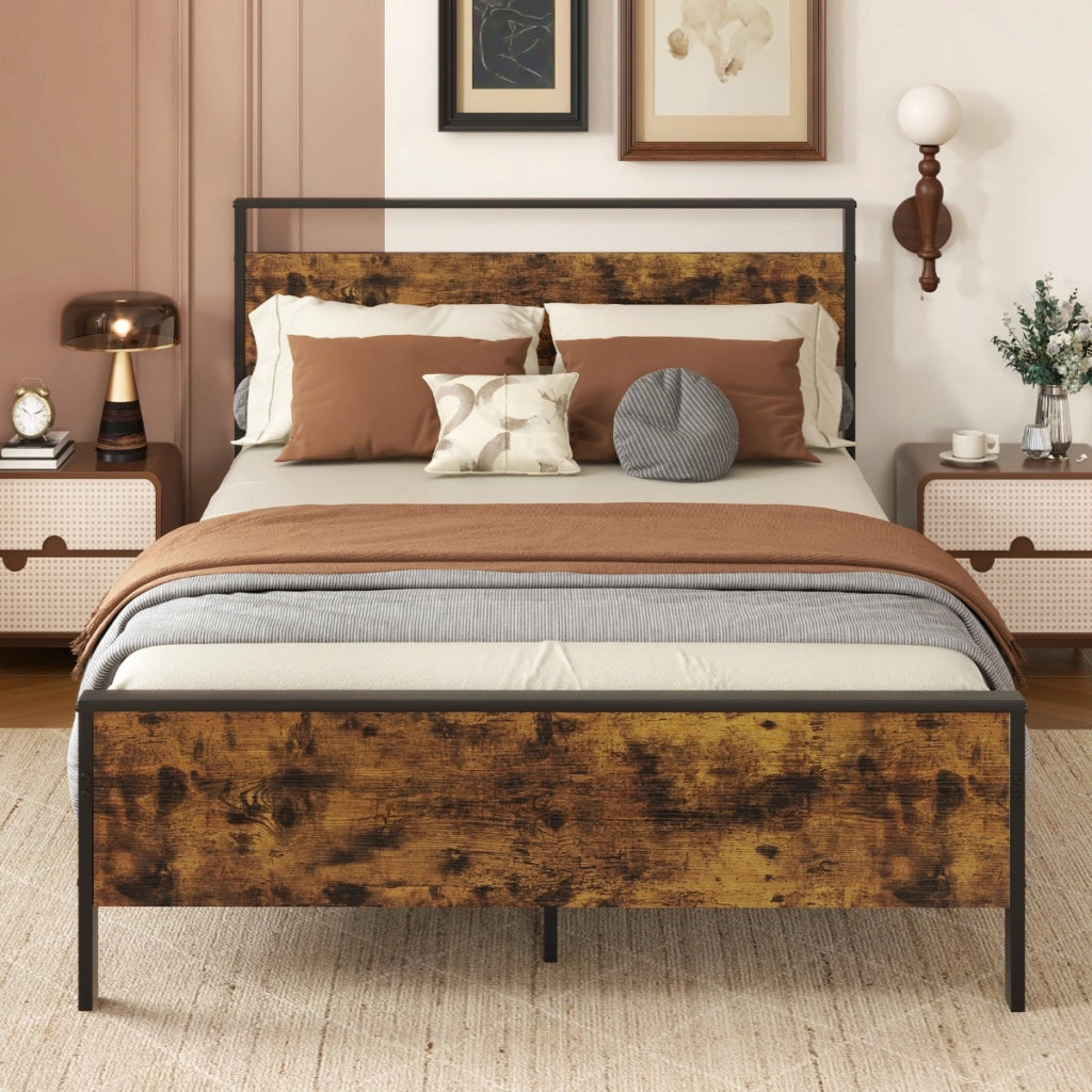 Struttura letto matrimoniale per materasso con doghe in metallo robusto, Struttura del letto in legno industriale Marrone-Letti e strutture