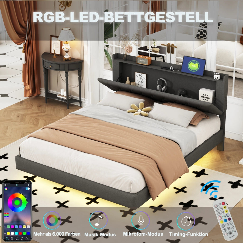 Letto imbottito matrimoniale 160×200 cm con USB; LED multicolore e contenitore; senza materasso; grigio