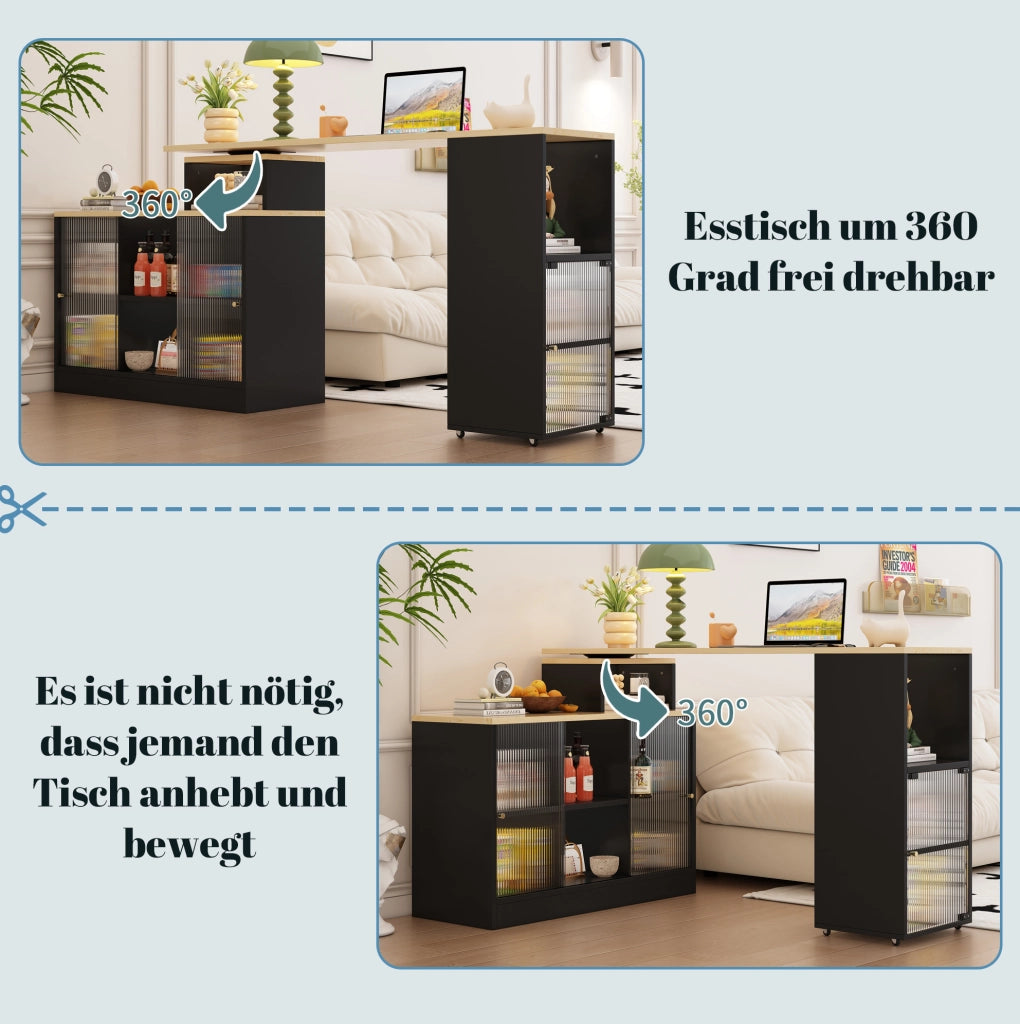 Tavolo bar allungabile con contenitore; mobile con ruote girevoli; MDF e vetro; nero