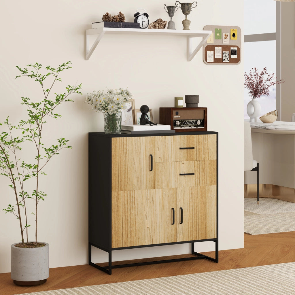 Cassettiera Moderna con 3 Antine e 2 Cassetti ¨C Zephmum ¨C Nero e Legno 80x35x85 cm