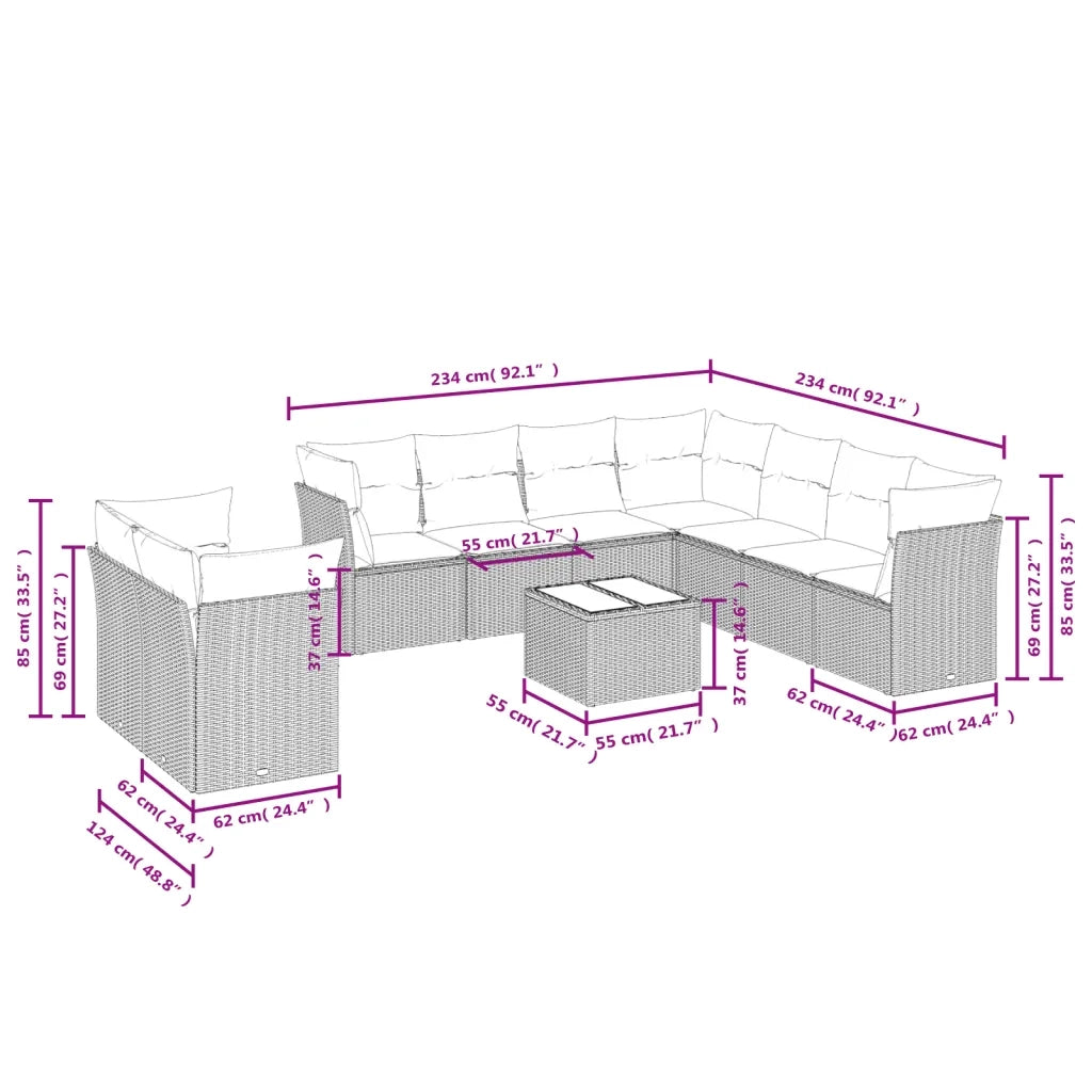 Set Divano da Giardino 10 pz con Cuscini Beige in Polyrattan 3217849