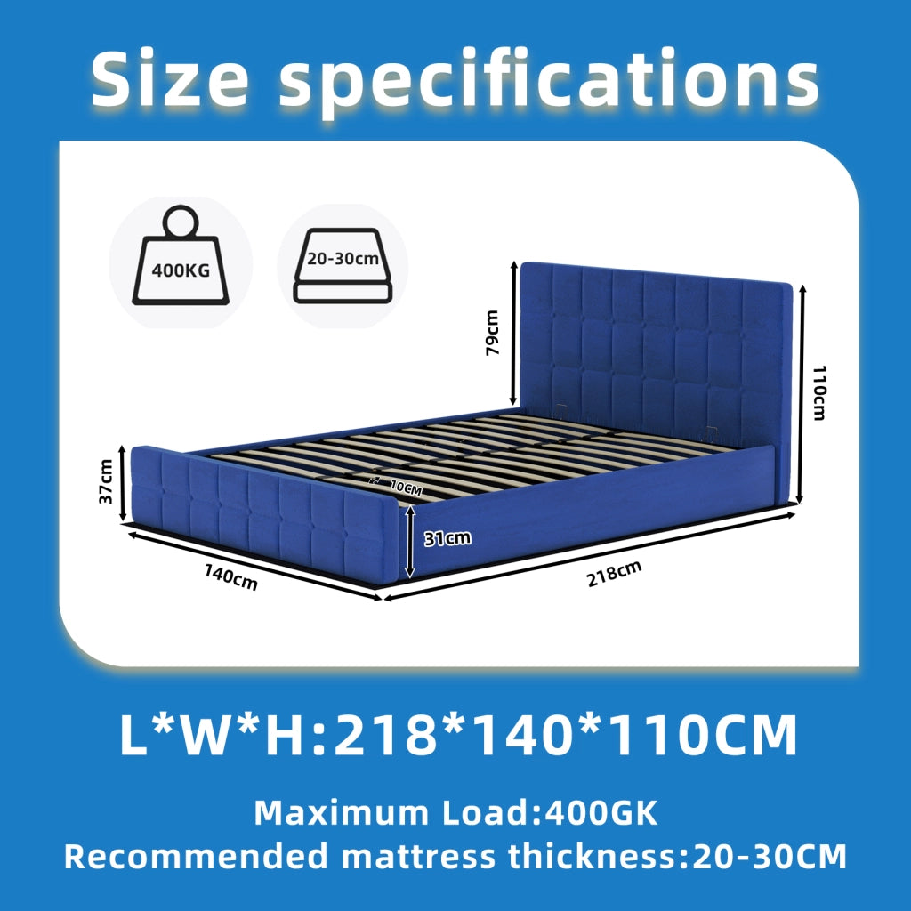 DESMIU Letto matrimoniale 140 × 200 cm 2 posti con testiera capitonnè, senza materasso, in velluto, blu