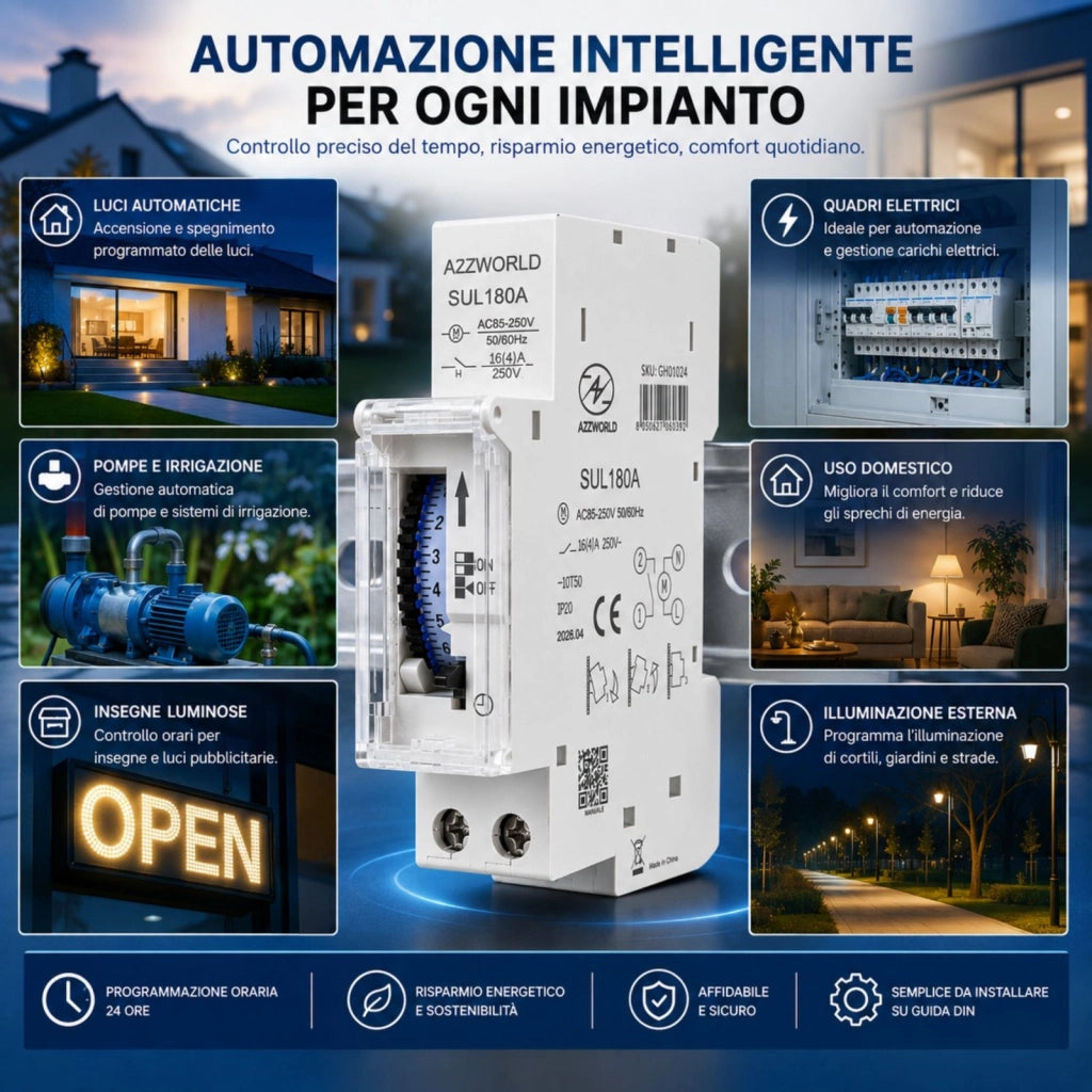 Orologio Interruttore Orario Giornaliero Meccanico su Guida DIN, Timer Switch 24 Ore, Riserva di Carica 100 Ore, 16A, 85-250V AC, 96 Pin, Programmazione Minima 15 Minuti
