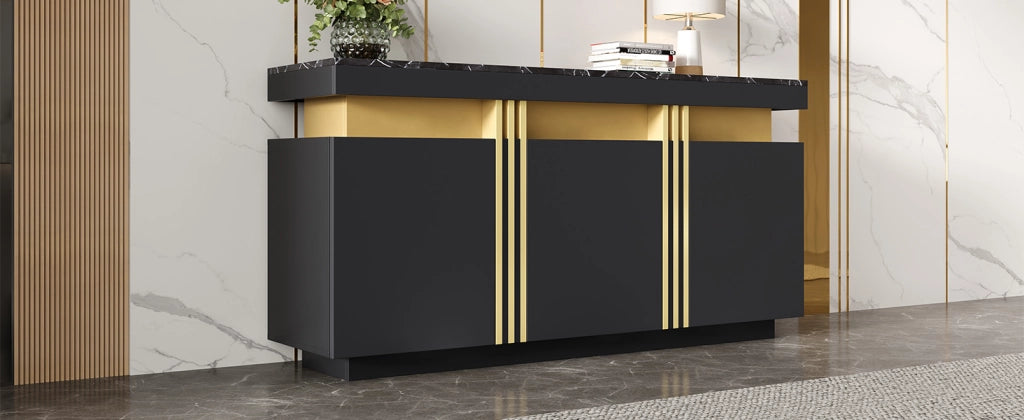 Credenza nera e oro 3 ante mobile buffet 140 cm con piano effetto marmo
