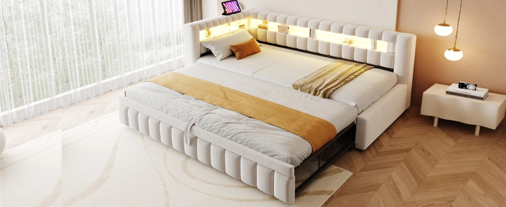 Divano letto con LED, testiera contenitore e USB, 90x200 cm, velluto beige