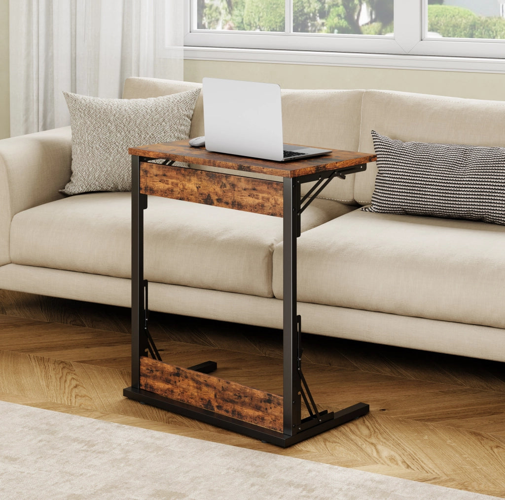 Tavolino a C pieghevole 60x37x71 cm marrone rustico; MDF e metallo