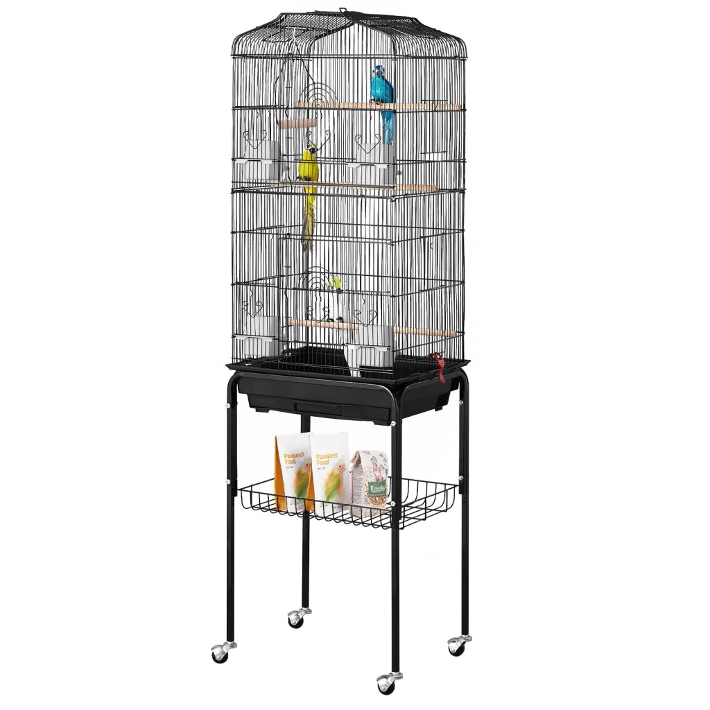 Gabbia per Uccelli e Parrocchetti Nera 45,7 x 35,5 x 151 cm con Supporto Mobile, Tetto Apribile e 4 Trespoli, Robusta e Pratica