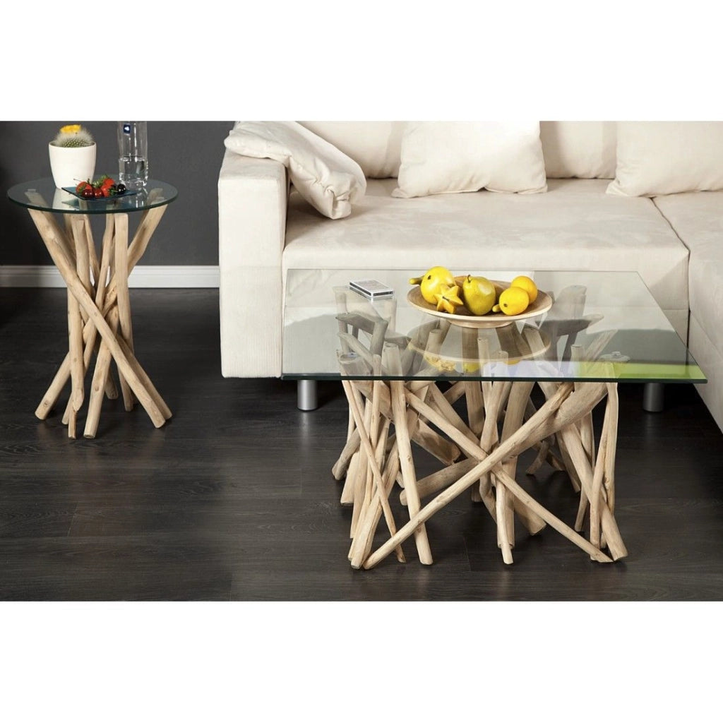 Tavolino basso WOODEN quadrato 80 cm – Tavolino design in legno di galleggiamento e vetro temperato