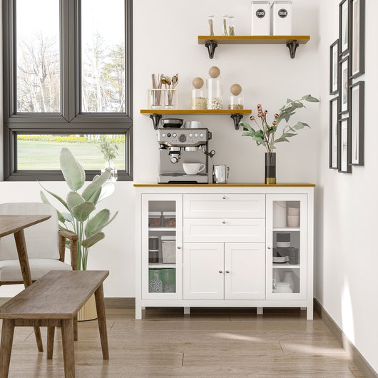 Mobile Cucina Credenza 120x40x90 cm con 2 Cassetti e 3 Armadietti Ante in Vetro Bianco e Rovere