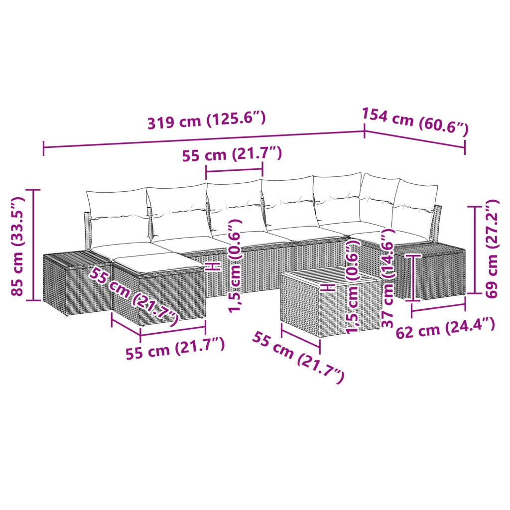 Set di Divani da Giardino 8 Pezzi con Cuscini Beige in Polyrattan e Acacia