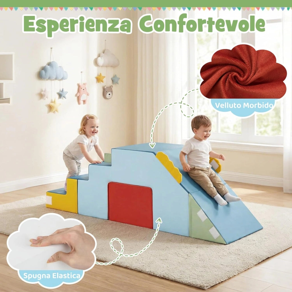 Set di 4 Blocchi da Arrampicata con Scivolo e Scale, Blocchi Morbidi in Schiuma per Gattonare, Coperture in Velluto, Set Tavolo e Sedia Convertibile per Cameretta