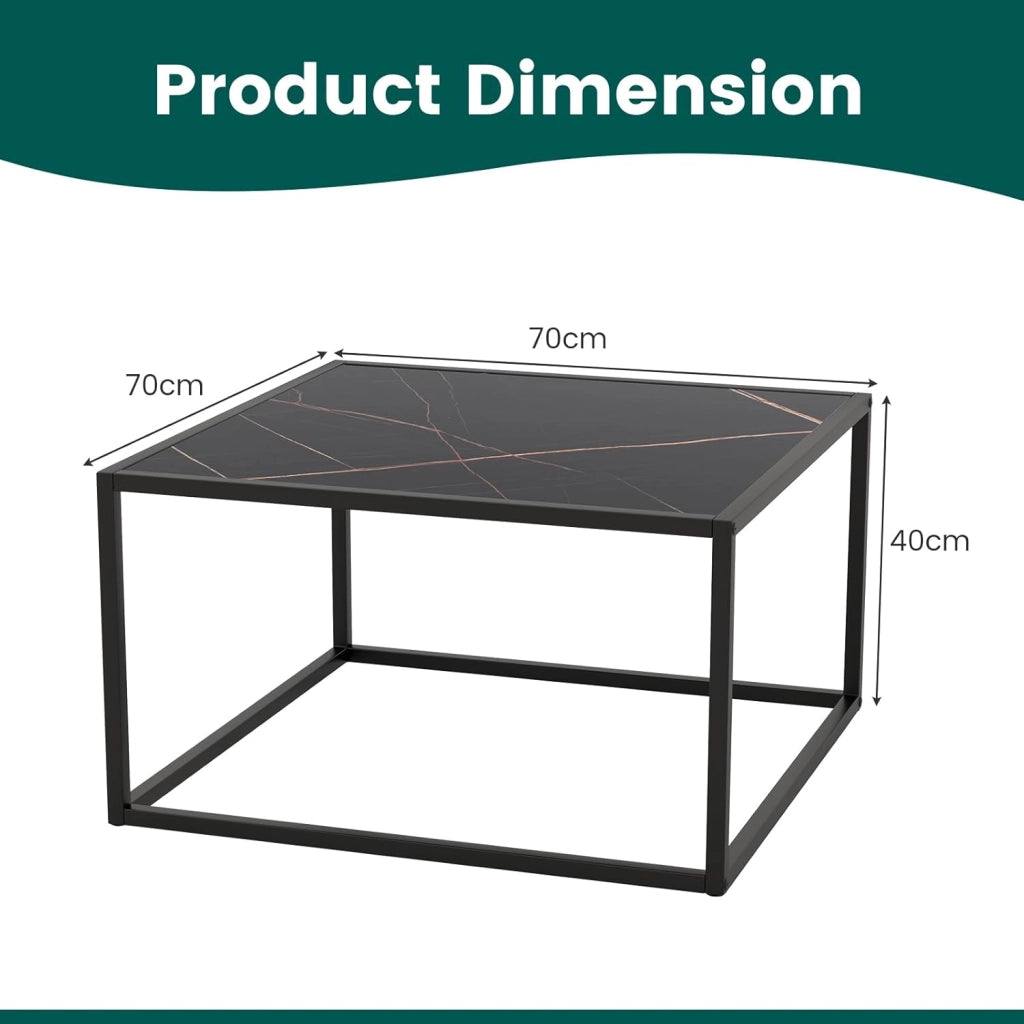 Tavolino da caffè effetto marmo, tavolino da tè con telaio in metallo, tavolo moderno, tavolino quadrato per soggiorno, 70 x 70 x 40 cm (nero)