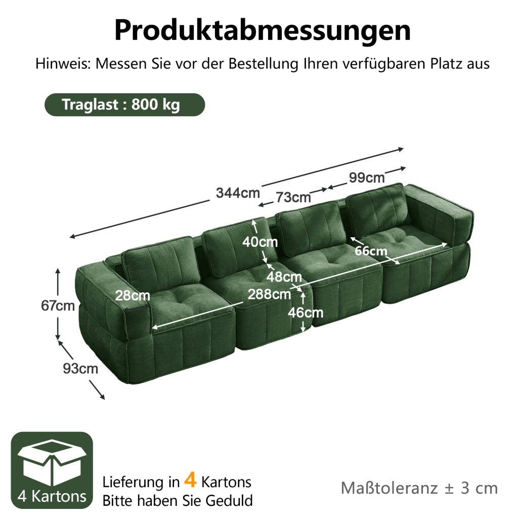 Divano modulare a 4 posti in poliestere con seduta profonda e braccioli ampi e base antiscivolo verde 344 × 93 × 67 cm