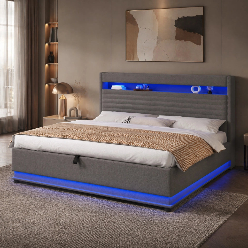Letto matrimoniale imbottito 180x200 cm con contenitore; LED; USB e USB-C; in lino grigio