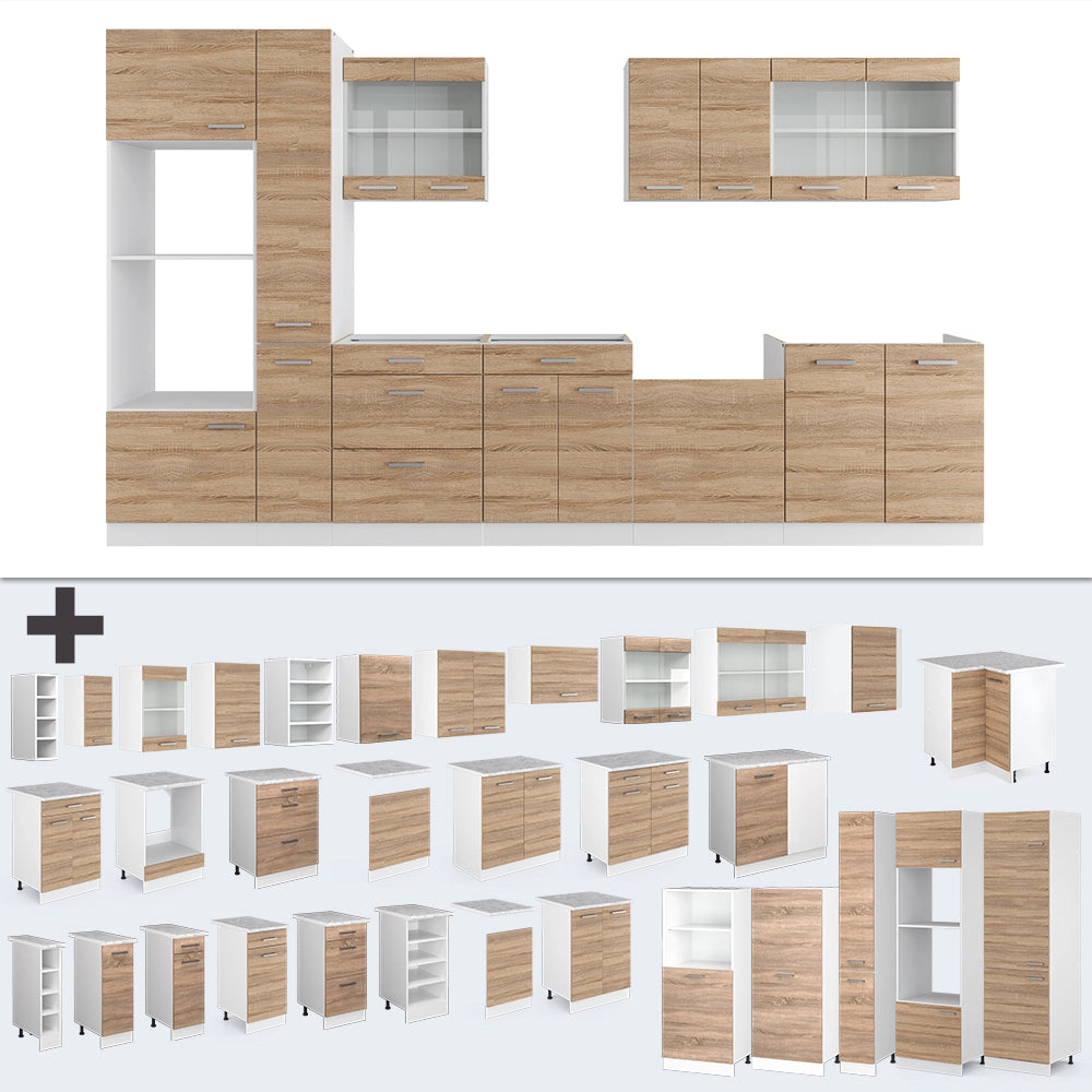 Cucina componibile R-Line Sonoma/Bianco 350 cm con armadio alto, PL Antracite Vicco