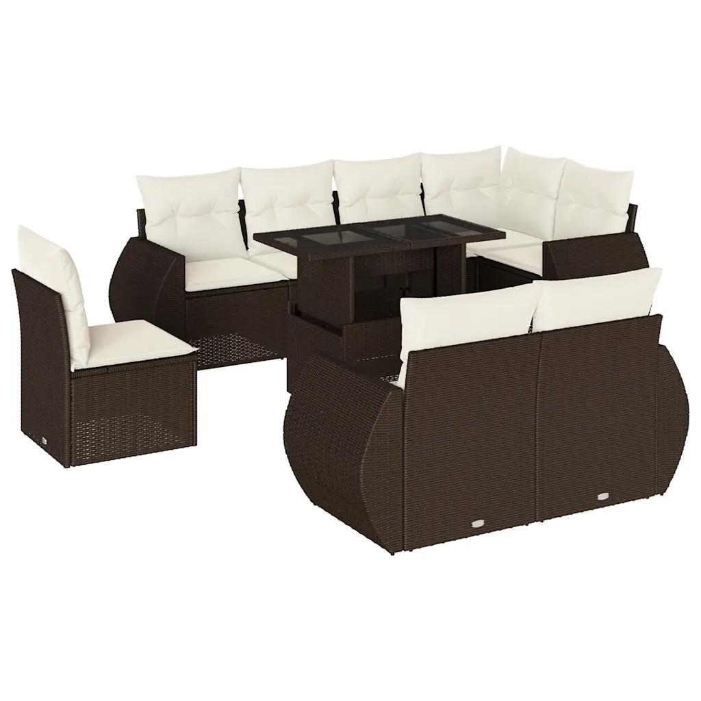 Set Divani da Giardino 9pz con Cuscini Marrone in Polyrattan