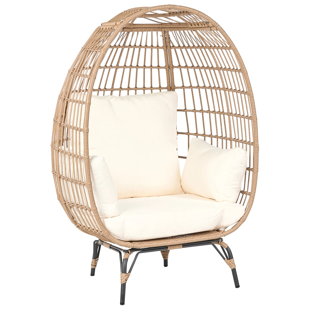 Poltrona da Giardino Boho in Rattan Naturale con Cuscini a Forma di Uovo Beige