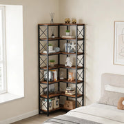 Libreria angolare in metallo e legno, design industriale, 7 ripiani, nero e marrone rustico
