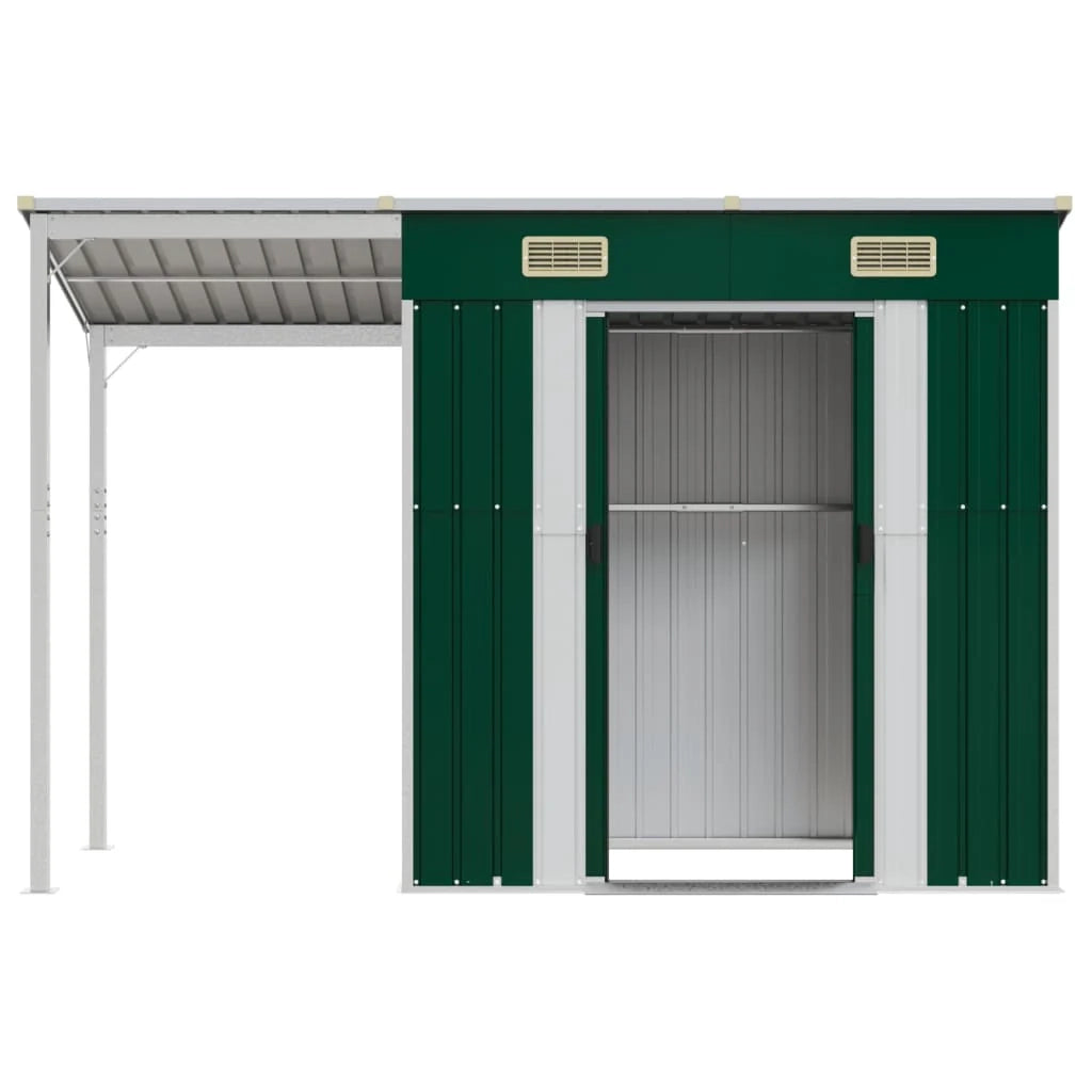 Casetta da giardino cabina ripostiglio casetta da esterno robusta casetta per attrezzi con tetto estensibile 277 x 110,5 x 181 cm acciaio verde 02_0022221