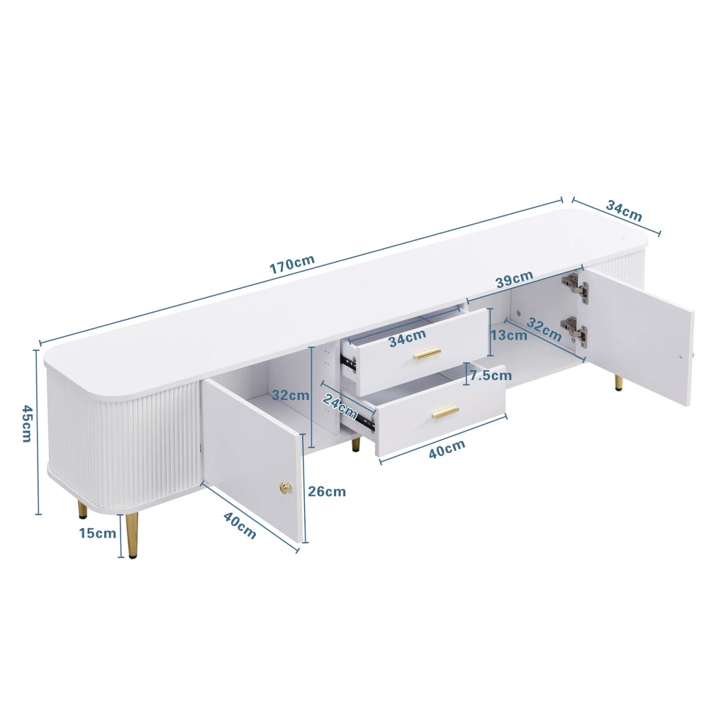 Mobile TV con 2 Ante e 2 Cassetti; Angoli Arrotondati; Fianchi Ondulati; Gambe Dorate; in MDF; Bianco; 170??34??45 cm