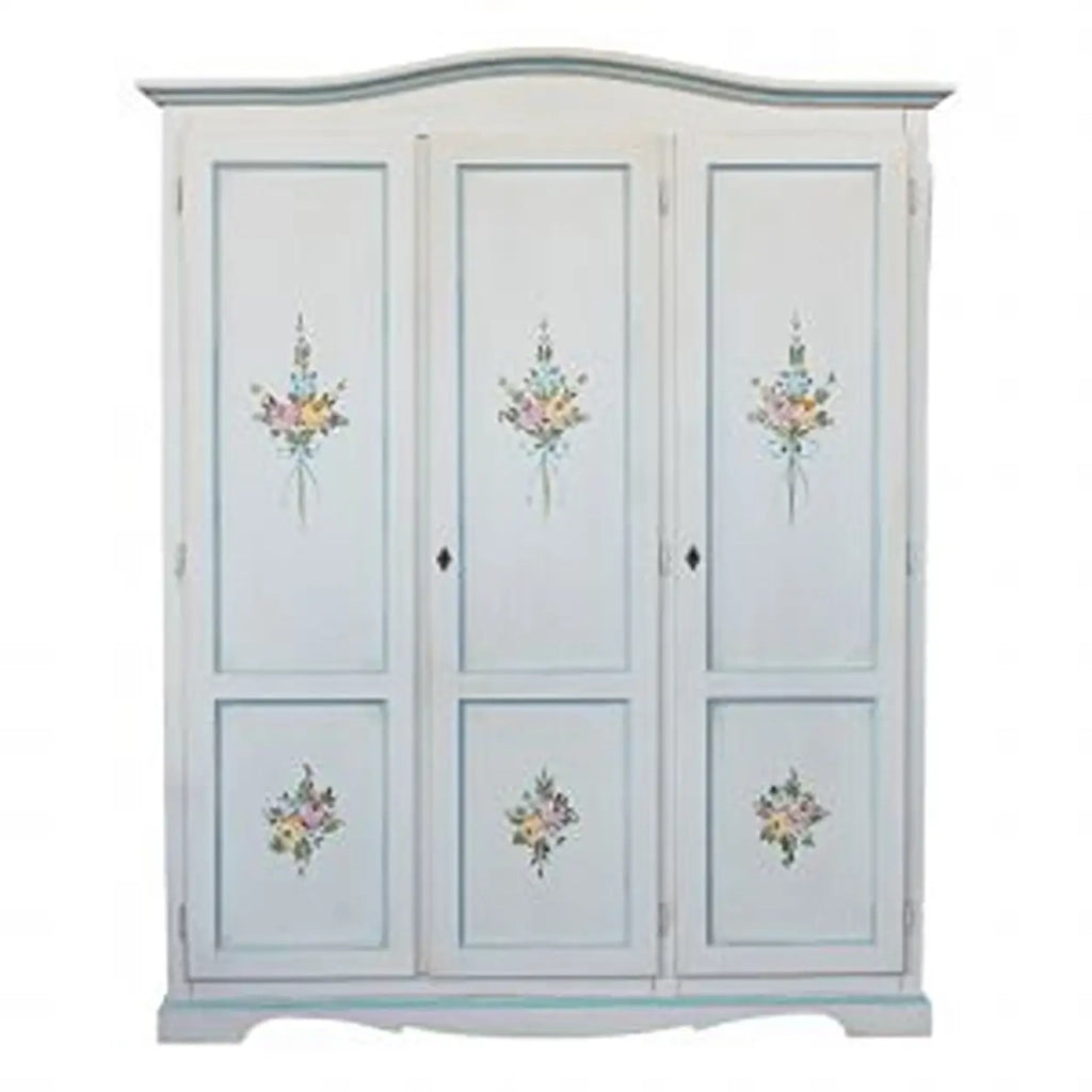Armadio in legno 3 ante in legno Shabby chic bianco anticato decorato fiori filo azzurro