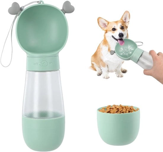 Flessa Portatile per Animali da Compagnia - 350ml Acqua + 200ml Ciotola Cibo - Design 2-in-1 Senza Lattina - Adatto per Cani/Gatti - Con Corda di Sospensione e Tappo di Sicurezza - Ideale per Viaggi/Esplorazioni