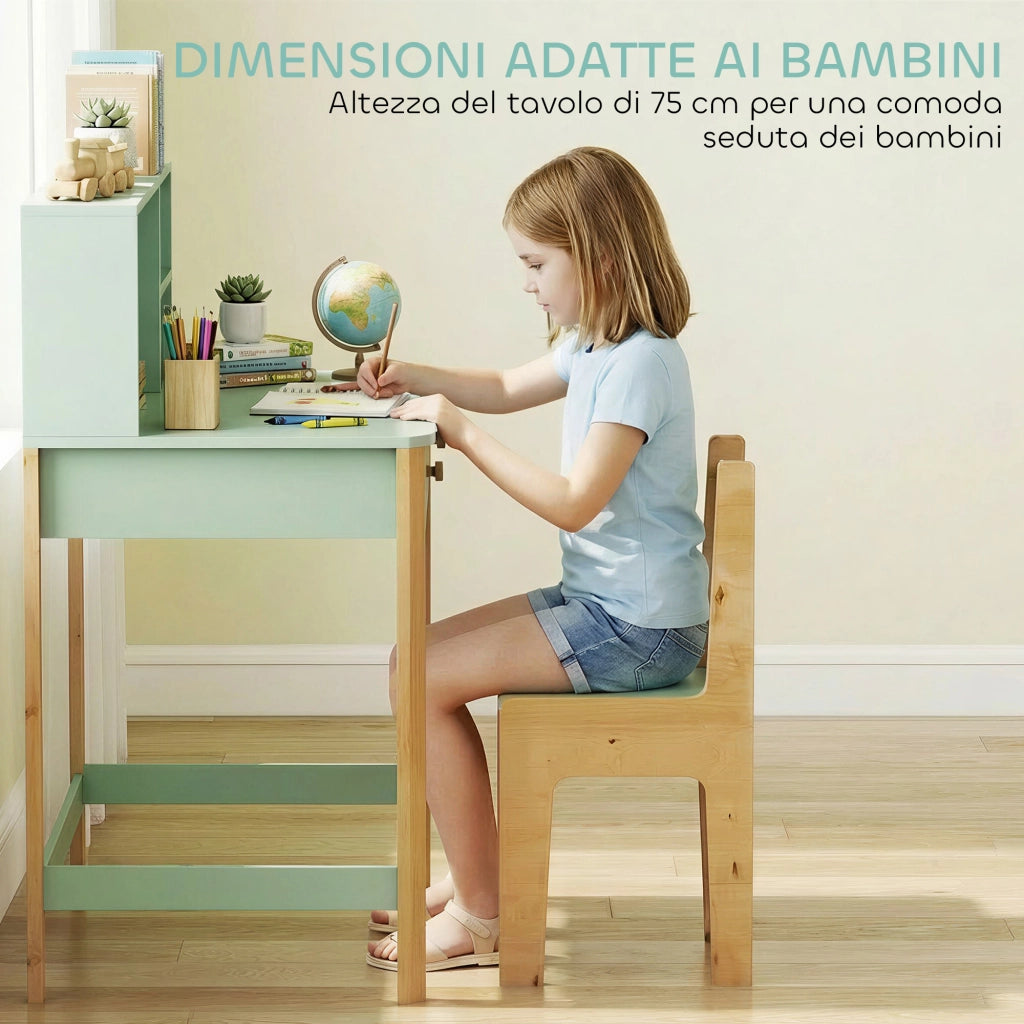 Scrivania per Bambini 5-12 Ani con 3 Ripiani e 2 Cassetti, in Legno, 90x52x105 cm, Verde
