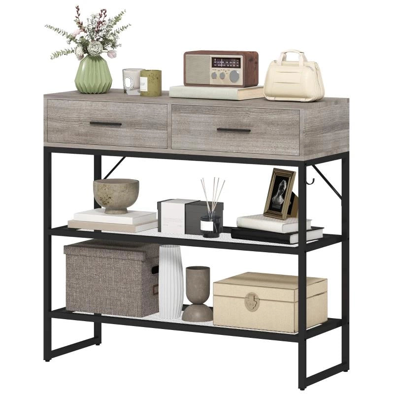 CONSOLLE DA INGRESSO CON 2 CASSETTI, 2 RIPIANI E GANCIO LATERALE, IN LEGNO E METALLO, 100X35X92 CM, NERO E LEGNO