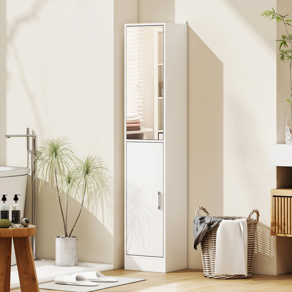 Mobile colonna bagno con specchio 6 livelli 2 ante ripiani regolabili ¨C zephmum ¨C 32x28x162cm bianco